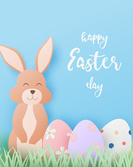 Happy Easter day background with bunny and eggs in paper cut style. Digital craft paper art.