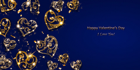 Valentine's day card with shiny hearts of silver and golden sparkles with glares and shadows on blue background