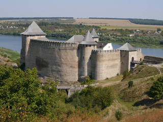 Fototapeta na wymiar Khotyn fortress on the right bank of the Dniester River in western Ukraine. Main gate of Khotyn fortress.