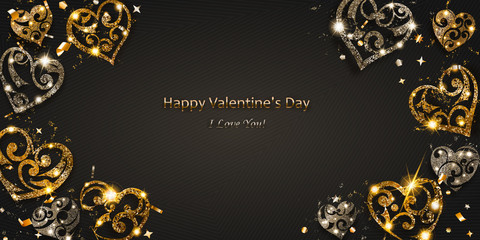 Valentine's day card with shiny hearts of silver and golden sparkles with glares and shadows on dark background