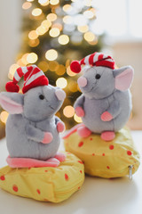 Little mouse toy, symbol of 2020. new year decoration. New Year 2020 Symbol. Greeting Christmas card.  Selective focus.