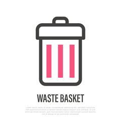Waste basket thin line icon. Empty bin basic sign. Vector illustration.