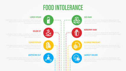 Fototapeta na wymiar Food intolerance infographics with thin line icons and copy space. Symbols of lactose, corn, seafood, peanut, trans fat, citrus, GMO, mushroom. Vector illustration for nutrition issues.