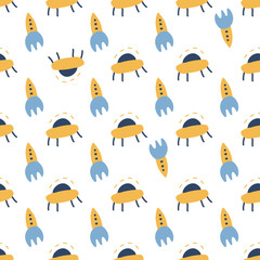 Seamless pattern with Cosmic objects. Vector illustration of Outer Space. Hand drawn doodle style.