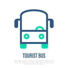 Tourist bus thin line icon, front view. Logo for public transport. Vector illustration.