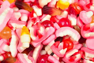 Assorted gummy candies. Top view. Jelly  sweets.