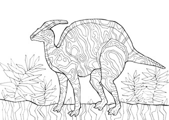 Dinosaur coloring book for children and adults, stylish hand drawn illustration. Design for wallpapers, packaging, postcards and posters. Black and white. Wild nature.