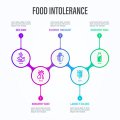 Food intolerance infographics in circles with thin line icons and place for text near. Medical data visualization. Symbols of seafood, palm oil, corn, gluten, lactose. Vector illustration.