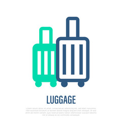 Luggage thin line icon: two plastic suitcases on wheels. Vector illustration.