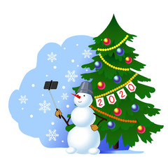 A Christmas snowman takes a selfie on the background of a Christmas tree. Happy New Year. Vector illustration