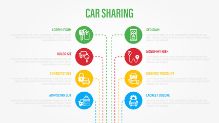 Obraz premium Car sharing infographics with thin line icons in circles. Business data visualization. Driver license, key, car inspection, open and close car, sync. Vector illustration for presentation.