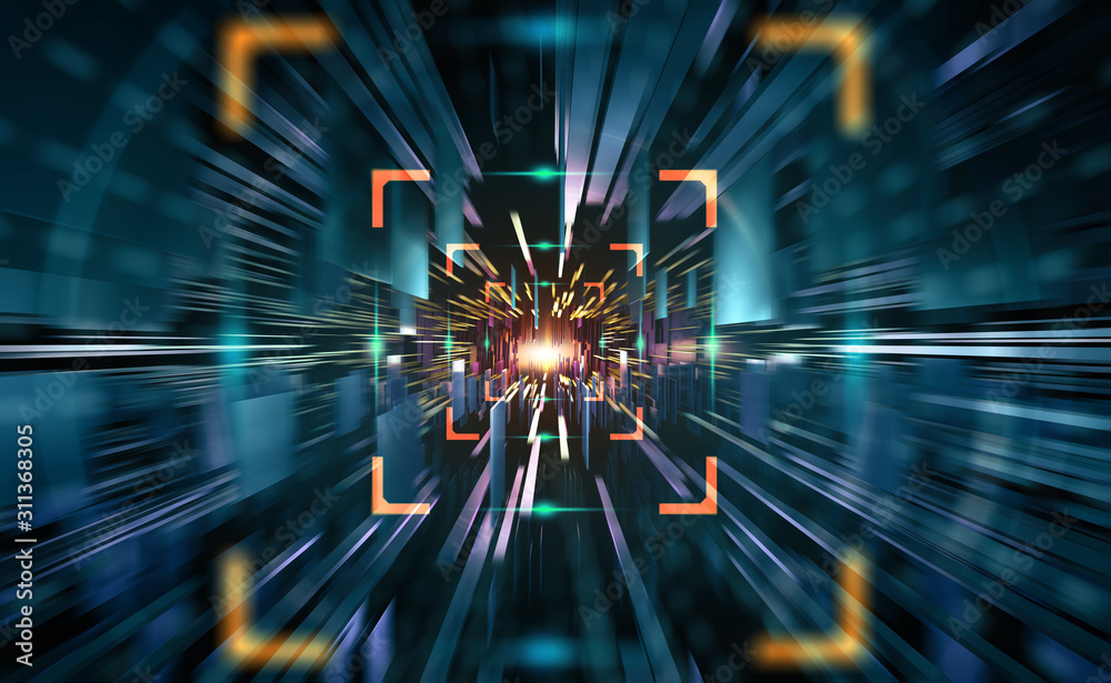 Poster High speed internet technology. Portal 3D illustration. Space and time, global digital database in cyberspace of artificial intelligence