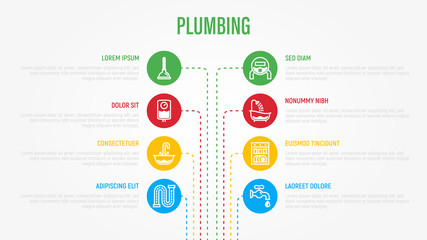 Plumbing infographics with thin line icons in circles. Data visualization with copy space. Water meter, bathtub, sink, faucet, dishwasher, siphon, pipe, ball valve.  Vector illustration.