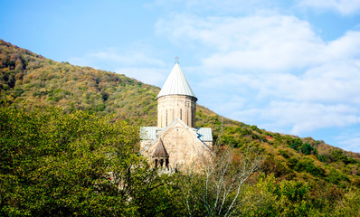 old antique christian church with a dome and a cross on a mountain in a forest