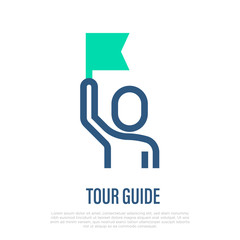 Tour guide thin line icon. Man with flag. Service for tourists. Vector illustration.