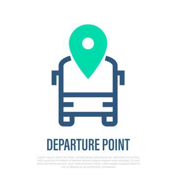 Departure point of bus thin line icon, front view. Schedule of public transport. Vector illustration.