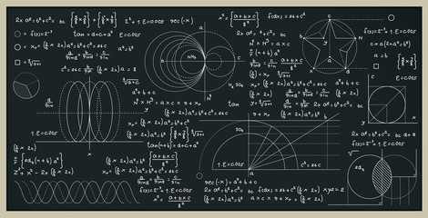 Math and science formulas with numbers on the blackboard. - obrazy, fototapety, plakaty