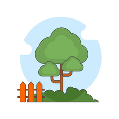Tree behind wooden fence. Day time. Flat illustration. Flat style. 