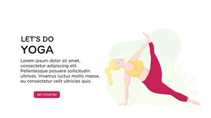 Obraz na płótnie Canvas Vector banner or screen template for school website or yoga studio with ueropean plus size woman in yoga positions. Sports and health body positive concept. Bright banner with yoga practicing