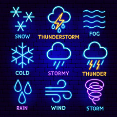 Fototapeta na wymiar Weather Forecast Neon Label Set