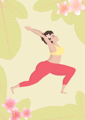 Obraz na płótnie Canvas Vector illustration with happy asian an oversized woman in yoga position on tropical exotic background. Sports and health body positive concept for postcard, yoga classes t-shirt active lifestyle