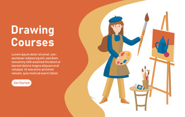 Flat vector illustration art studio, designing, drawing, art, education, creativity. Online courses, tutorials for mobile and web graphics. Girl artist paints a picture in oil or watercolor