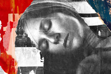 Torn ripped street posters paper  blended woman portrait