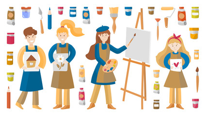 Set of flat vector illustration artists adults and children on a white background. Materials for drawing, art studio, designing, drawing, art, education, creativity. The artist paints a picture in oil