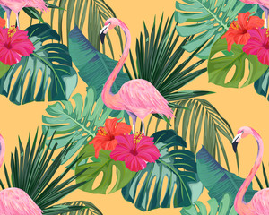 Tropical seamless pattern. Palm tree leaves, flower hibiscus and flamingo. Vector illustration. Summer background