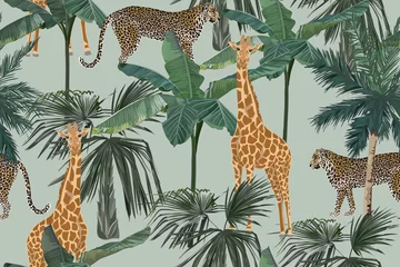 Tapeten Tropisches nahtloses Muster mit Palmen, Giraffen und Leoparden. Sommer-Jungle-Hintergrund. Vintage-Vektor-Illustration. Regenwaldlandschaft © natikka