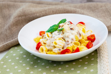 Cooked pasta with a cream sauce and roasted chicken cured with emmental..