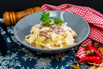 tasty Carbonara pasta on the table
