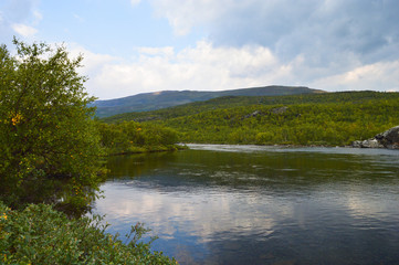 Lakes, rivers and mountains in the national park Abisko in Sweden