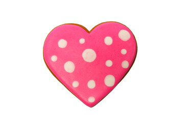 Background from pink cookie heart shaped with different patterns, isolated