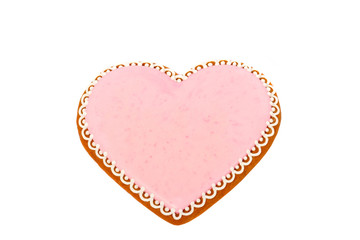Background from pink cookie heart shaped with different patterns, isolated