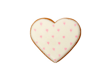 Background from pink cookie heart shaped with different patterns, isolated