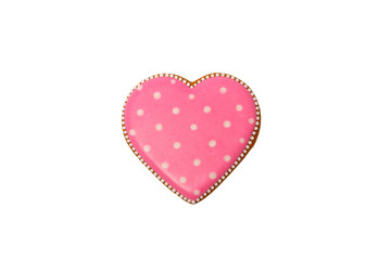 Background from pink cookie heart shaped with different patterns, isolated