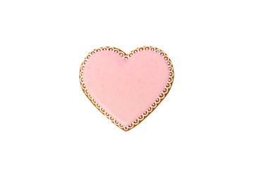 Background from pink cookie heart shaped with different patterns, isolated