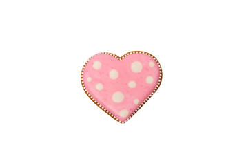 Background from pink cookie heart shaped with different patterns, isolated
