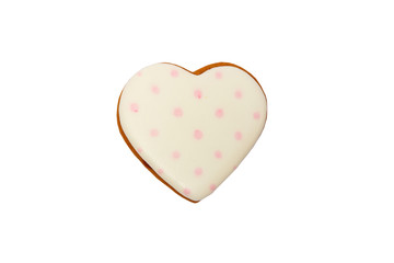 Background from pink cookie heart shaped with different patterns, isolated