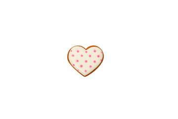 Background from pink cookie heart shaped with different patterns, isolated