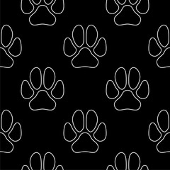Line art dog paw prints seamless pattern. Black and white vector tileable background.