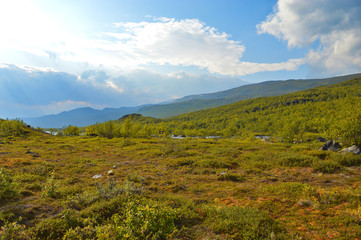 Beautiful nature and mountains during hike on kungsleden trail in national park Abisko, Sweden