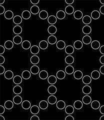 Line art hexagonal circles seamless pattern. Black and white vector tileable background.