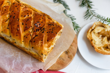 Kulebiak - a dish of Russian cuisine made of yeast dough stuffed with sauerkraut