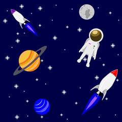 seamless pattern with space theme with nice astronaut, stars, planets and rockets