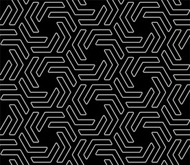Line art hexagonal seamless pattern. Black and white vector tileable background.