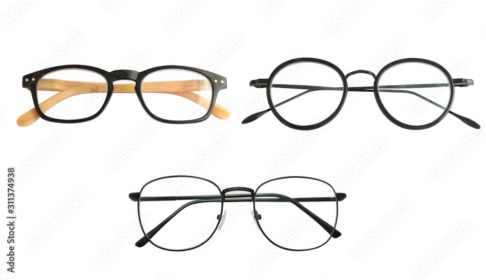 Wall mural set and collection of black glasses isolated on white background.