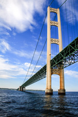 A soaring tower supports the suspension system of the Mackinac Bridge connecting Upper and Lower Michigan