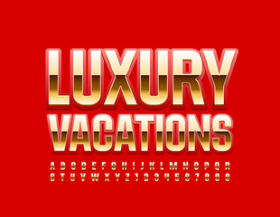 Fototapeta na wymiar Vector elite logo Luxury Vacations with Red and Golden Font. Chic ALphabet Letters and Numbers